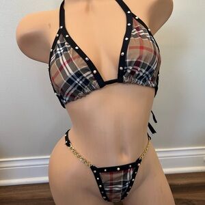 Plaid Bikini Stripper Rave Dance wear with Gold Chain Detail